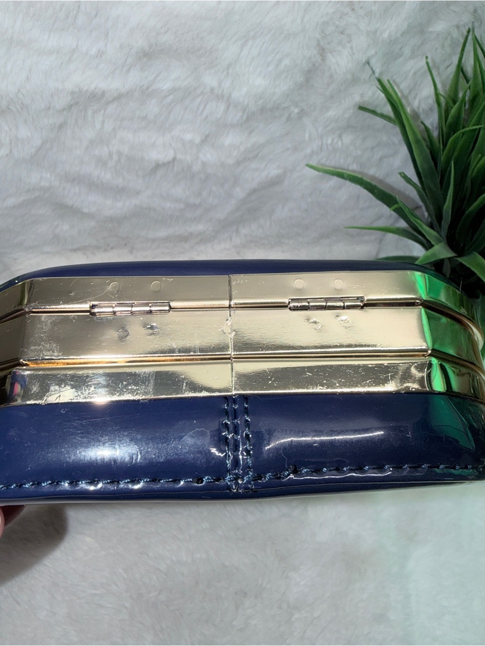 Stunning Navy Patent Round Top-Handle Bag w/ Giant Rhinstone & Paisley Interior - Picture 5 of 6